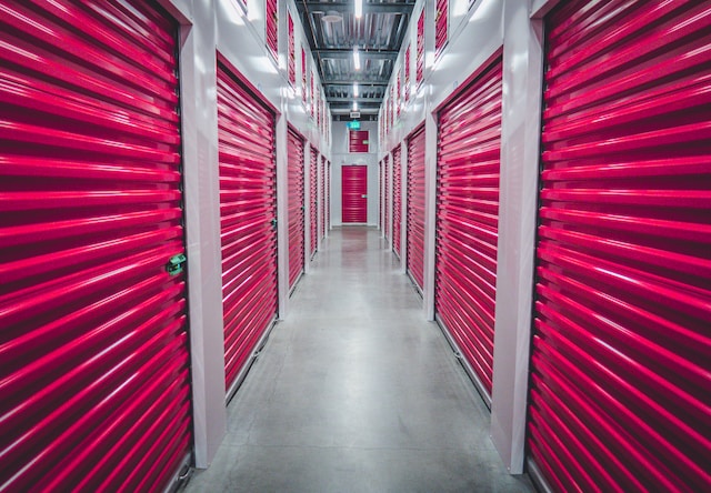 Storage bins with red doors